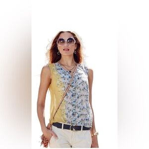 Cabi Yellow Blue Offsides Button Front Sleeveless Blouse Lightweight Size S